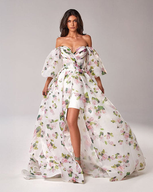 Apple Blossom Elegant floral puff sleeve maxi dress