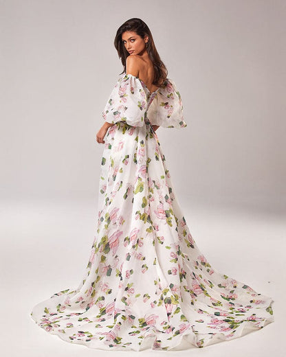 Apple Blossom Elegant floral puff sleeve maxi dress